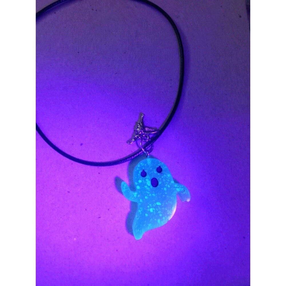 #3 Florescent Ghost Halloween Necklace Synthetic Cord Charm 19" Inc Extender